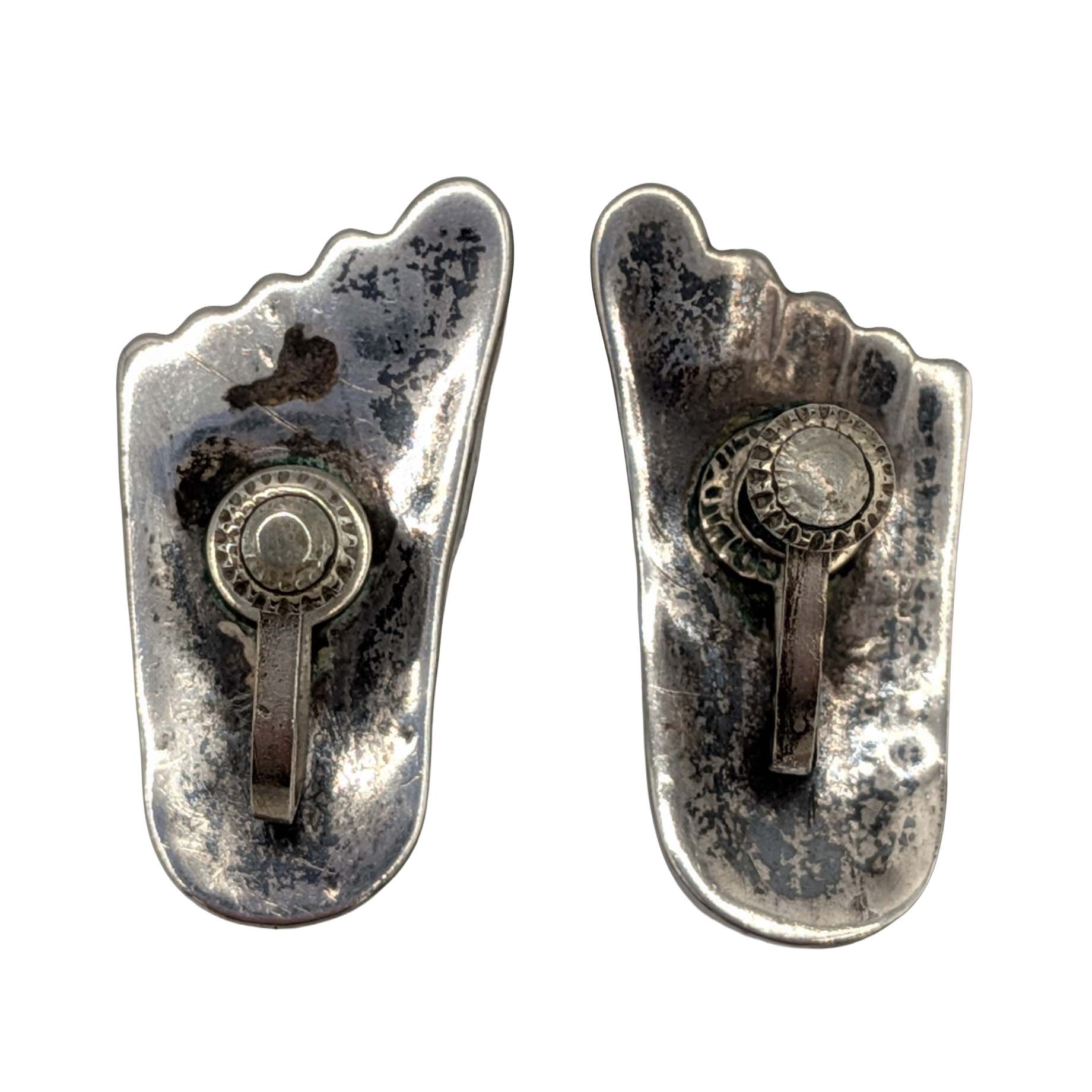 Signed Mexico Sterling Silver Abalone Inlay Foot Screw Back Earrings
