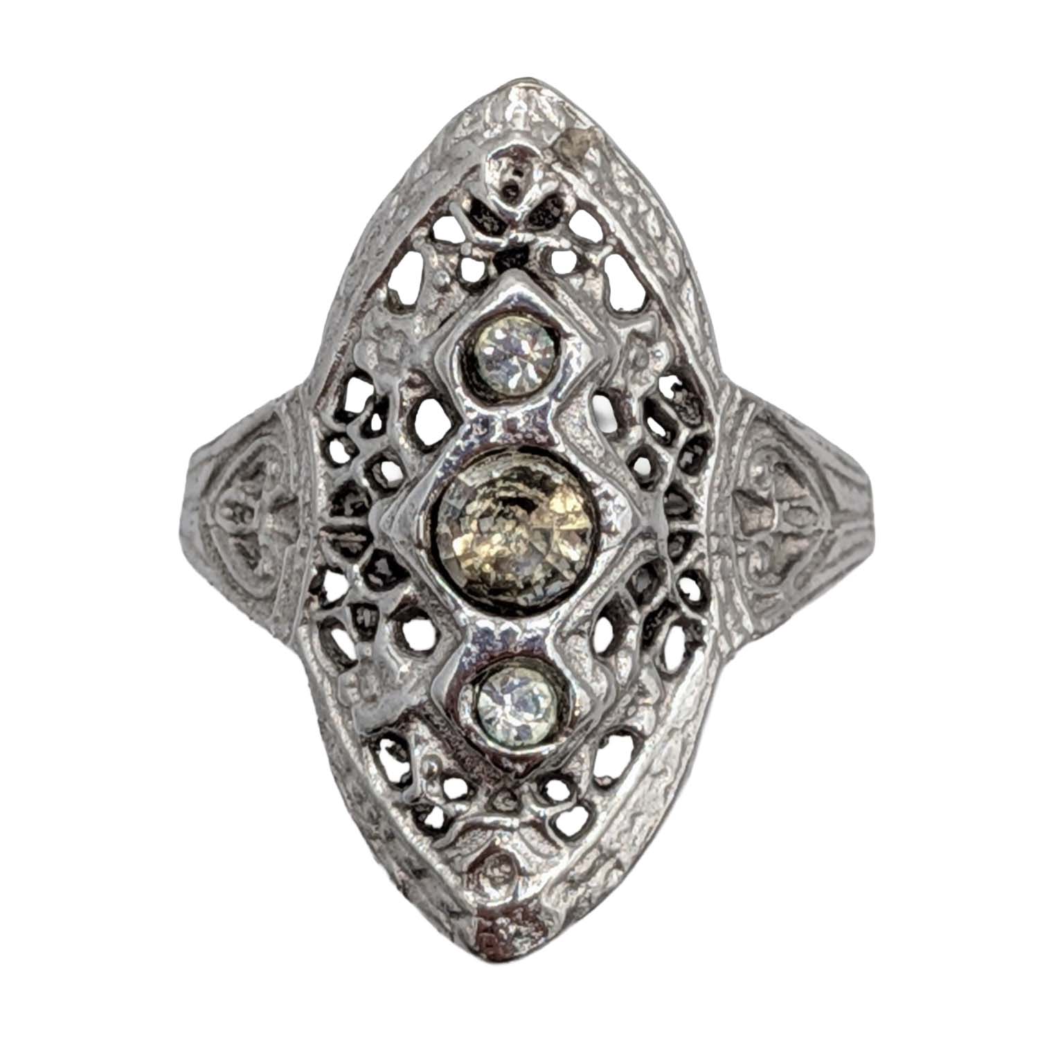 Sterling Silver Rhinestone Filigree Shield Ring Size 5.75