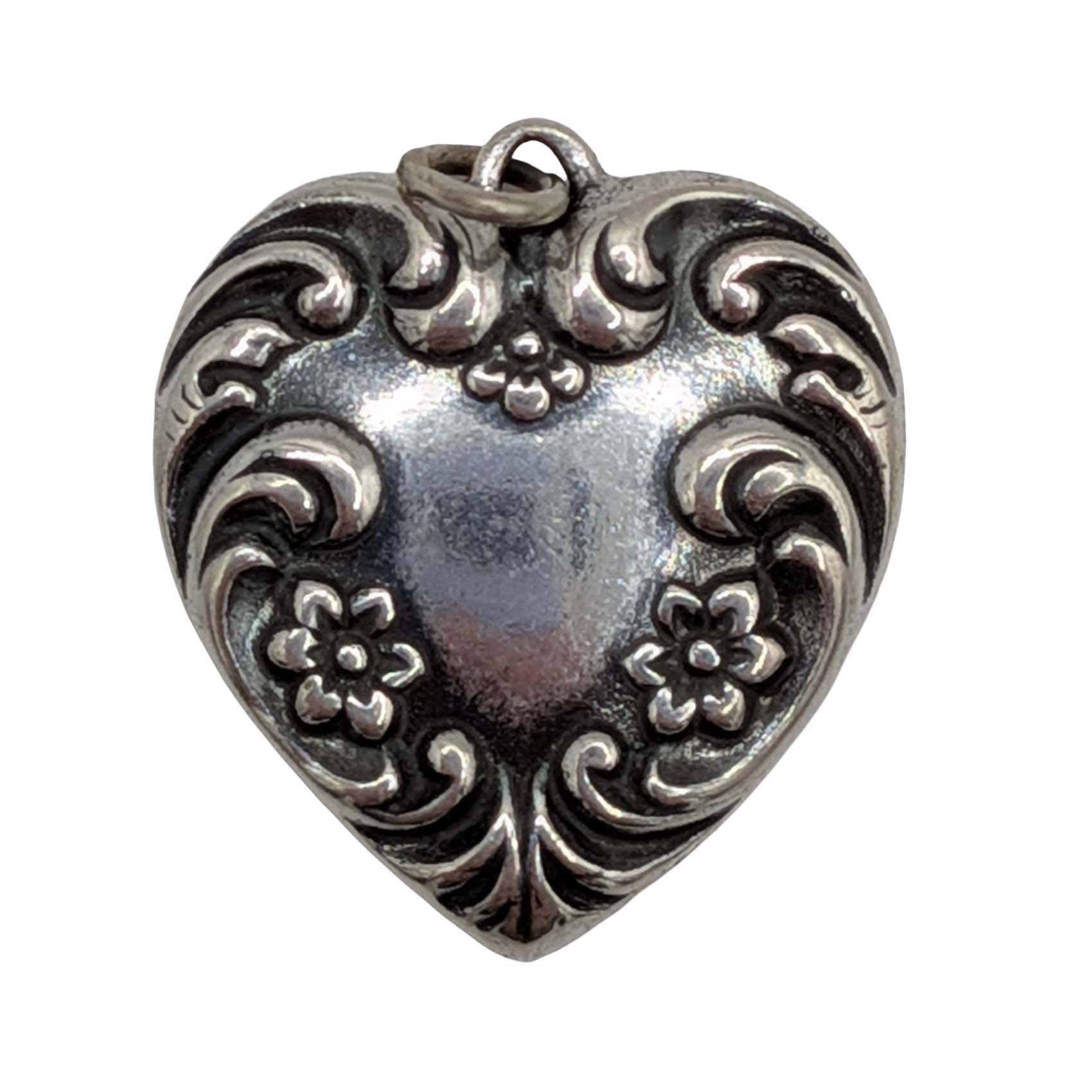 Signed Vintage Sterling Silver Pressed Floral Heart Pendant