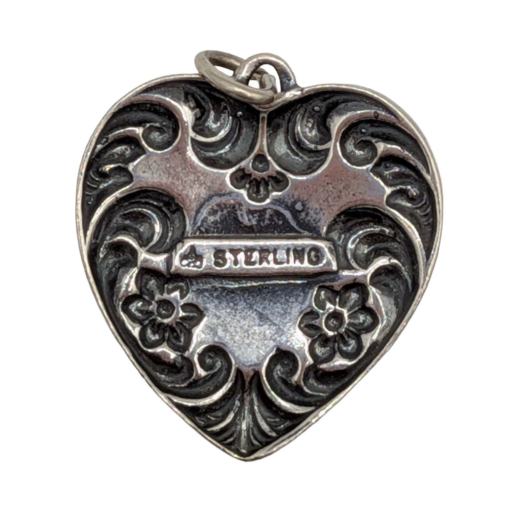 Signed Vintage Sterling Silver Pressed Floral Heart Pendant