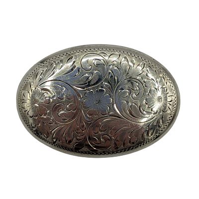 Signed Vintage Sterling Silver Hand Engraved Floral Oval Brooch. Signed Sterling B in hexagon. 10.4g