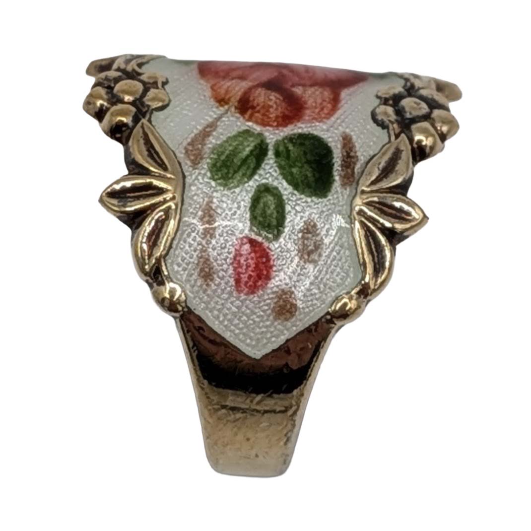 Signed Gold Over Sterling Silver Limoge Enamel Floral Adjustable Ring