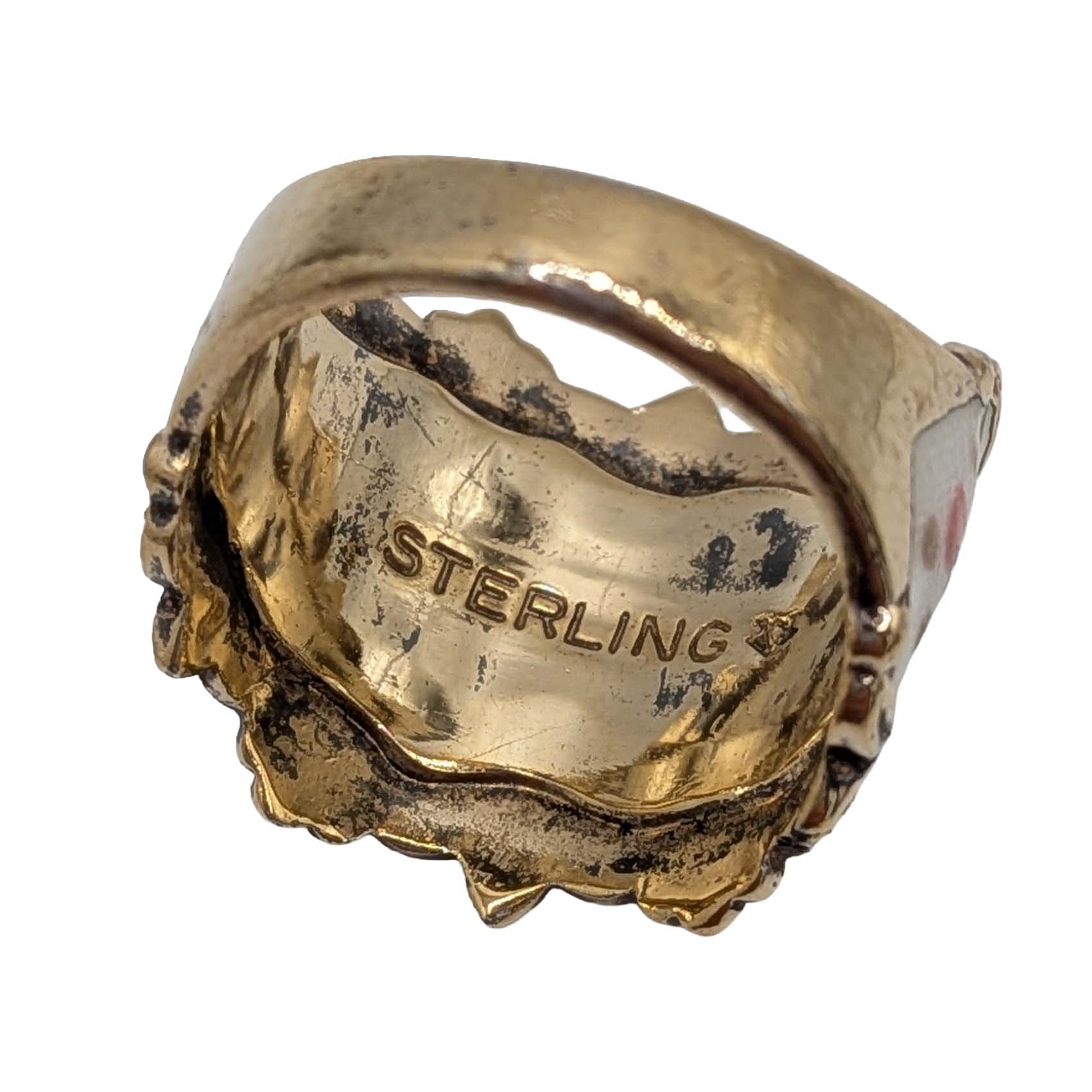 Signed Gold Over Sterling Silver Limoge Enamel Floral Adjustable Ring