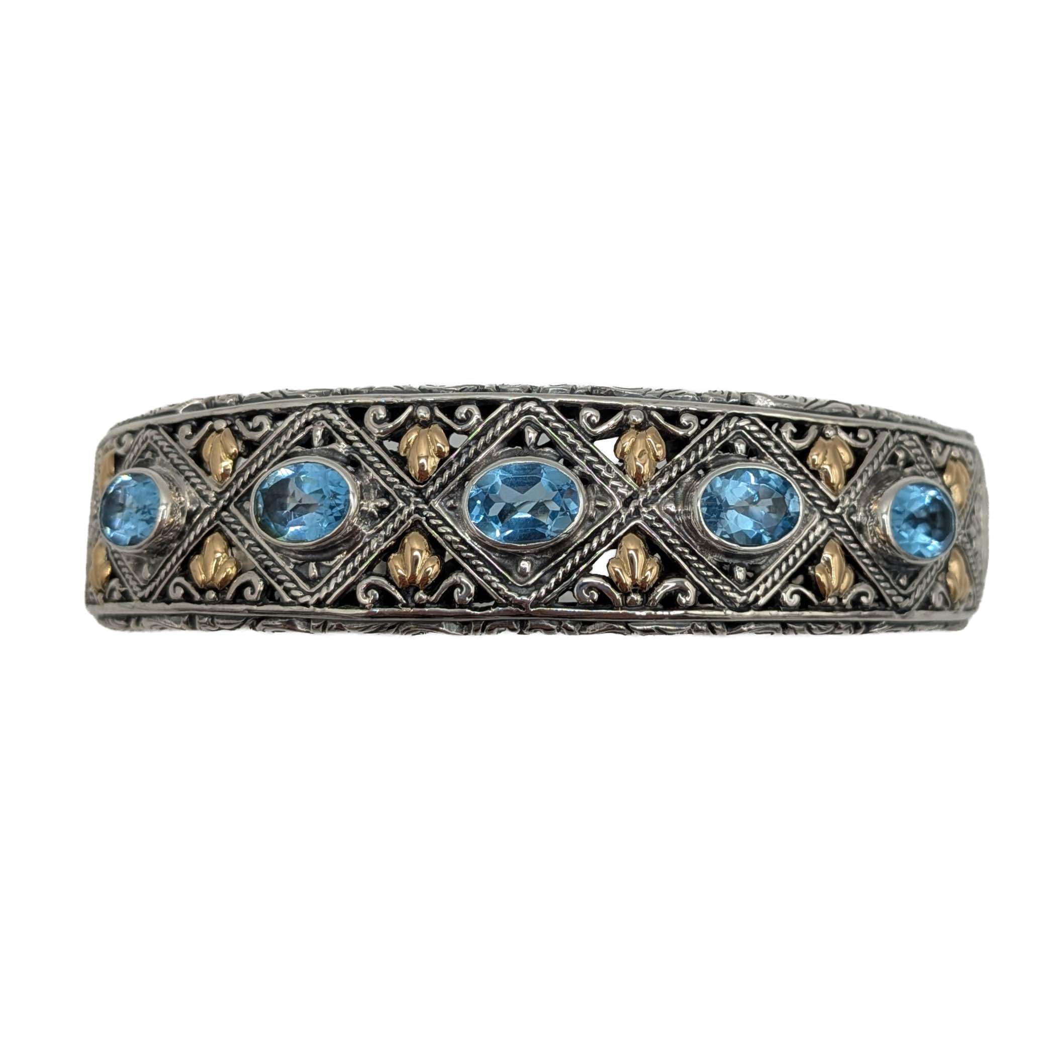 Signed 18K Yellow Gold Sterling Silver Topaz Fancy Hinge Cuff Bracelet