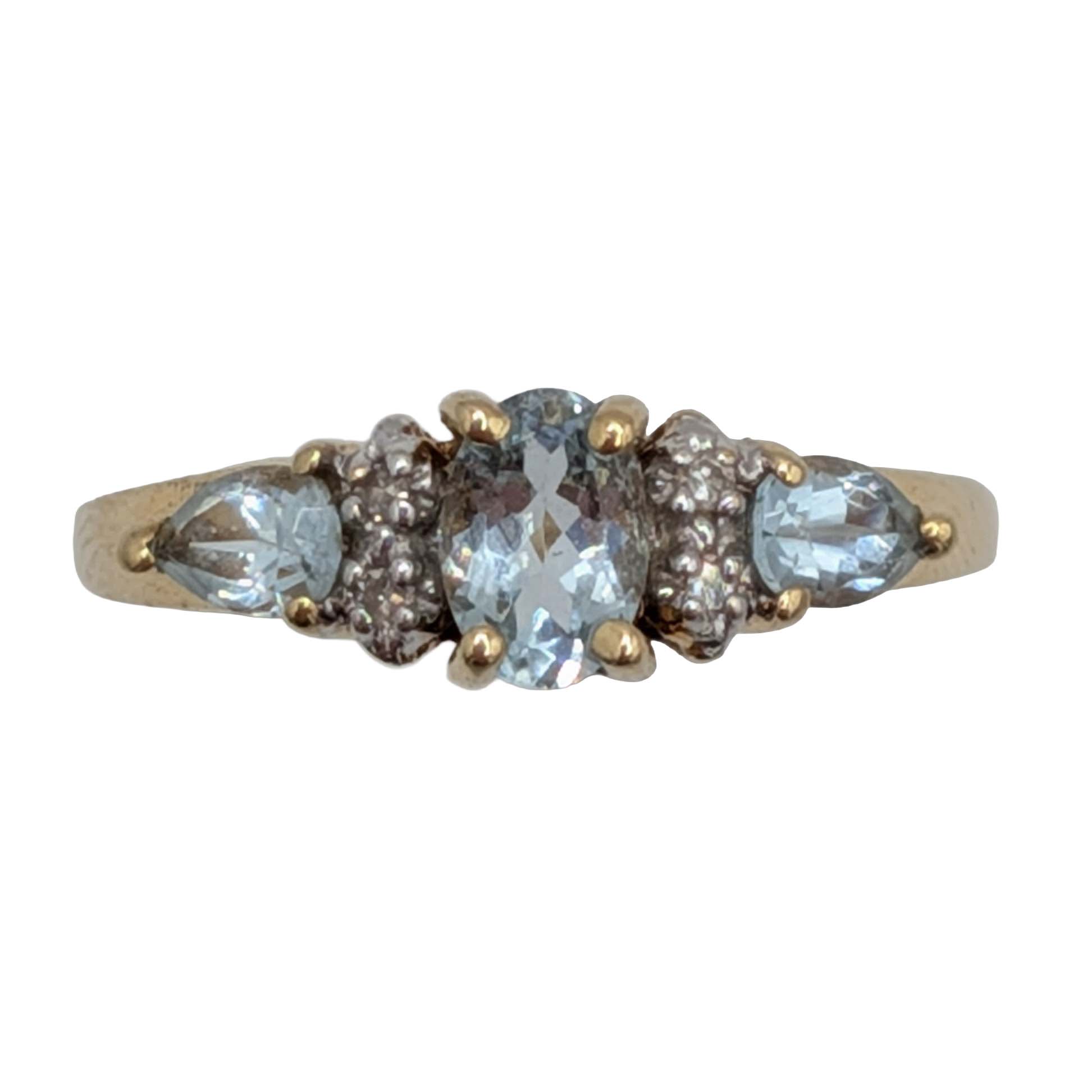 10K Yellow Gold Diamond Aquamarine Tapered Ring Size 7.5