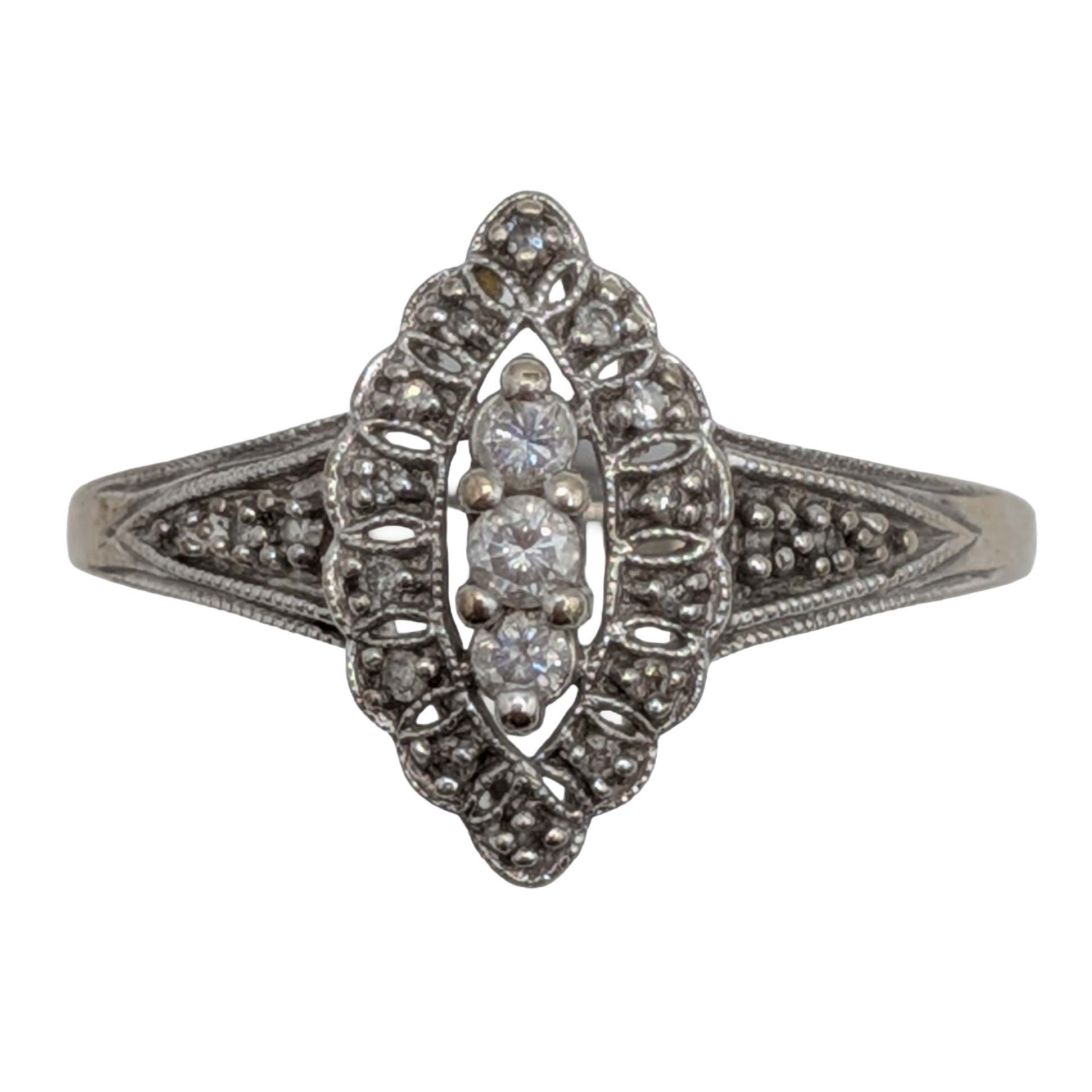Signed 10K White Gold Diamond Filigree Marquise Style Ring Size 10.5