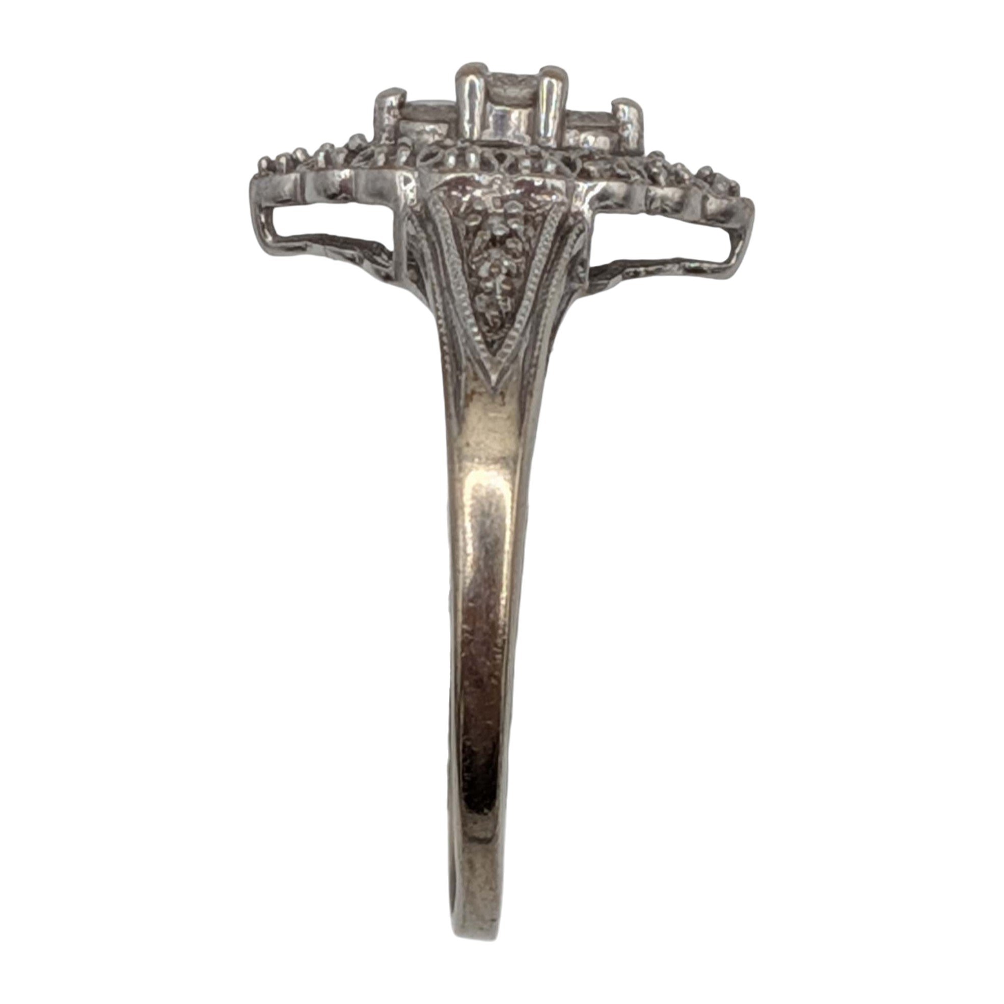 Signed 10K White Gold Diamond Filigree Marquise Style Ring Size 10.5