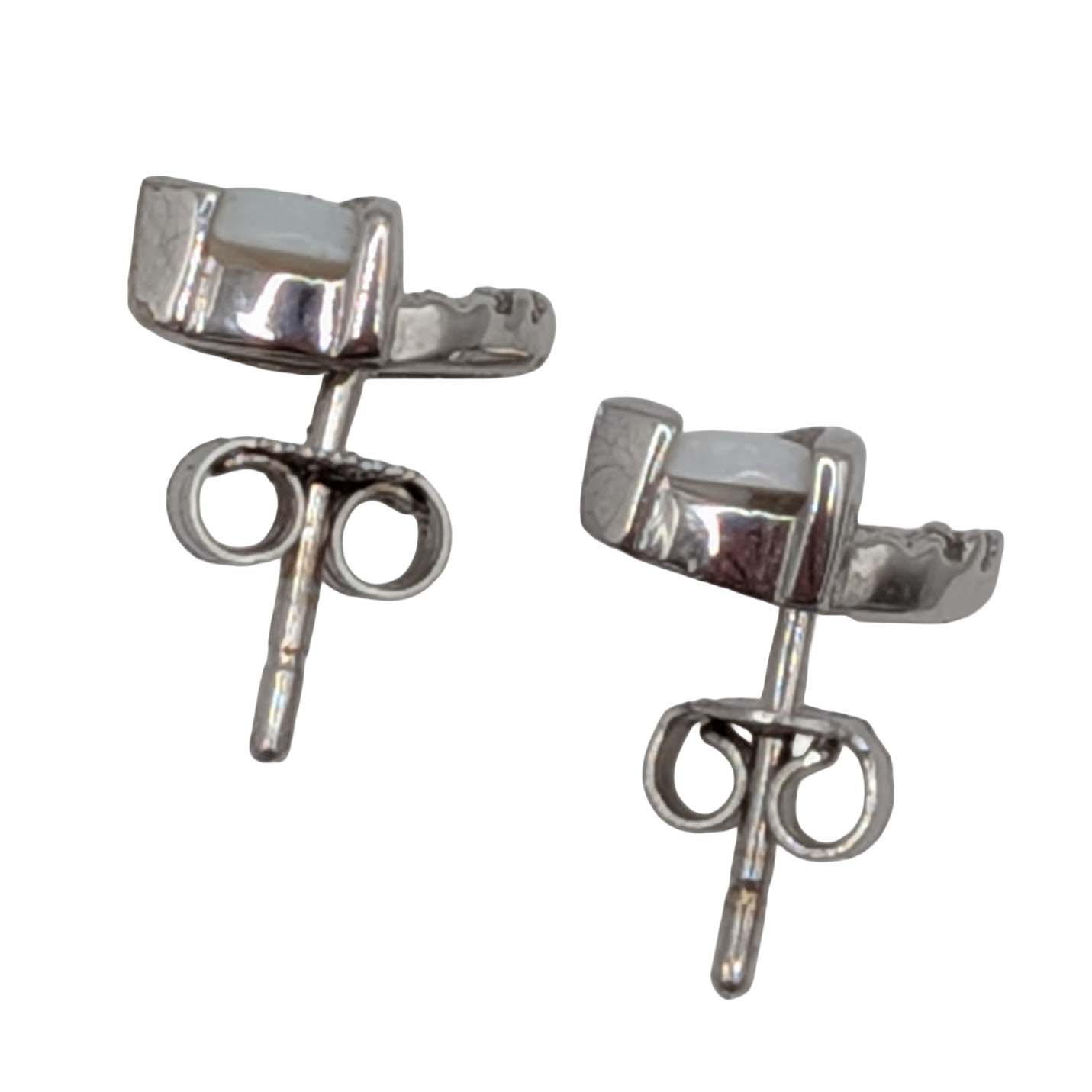 Signed 14K White Gold Diamond Opal Stud Earrings