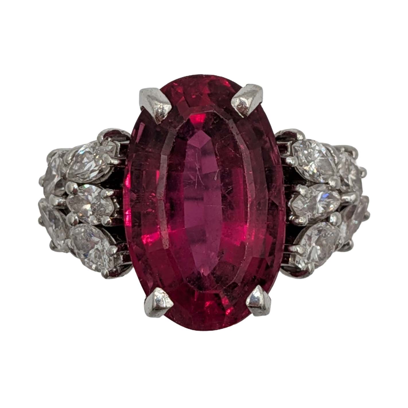 18K White Gold Diamond Ruby Oval Cocktail Ring Size 7