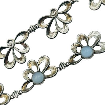 W.E Richards Art Deco Sterling Blue Moonstone Glass Necklace. W.E Richards art deco sterling 