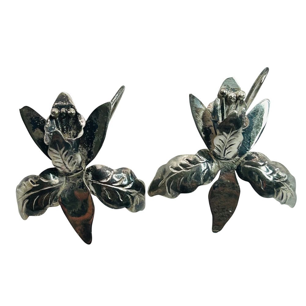 Lot 240: Mexico Sterling Flower Hook Back Earrings
