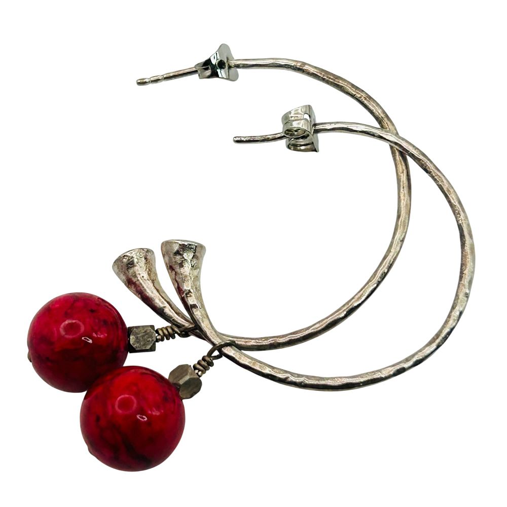 Lot 486: Sterling Half Hoop Red Stone Dangle Earrings