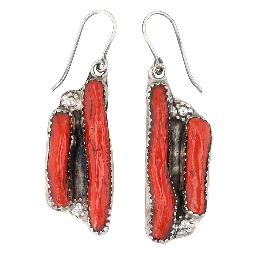 Lot 172: Griffin & Evangeline Tsabetsaye Zuni Sterling Coral Hook Earrings
