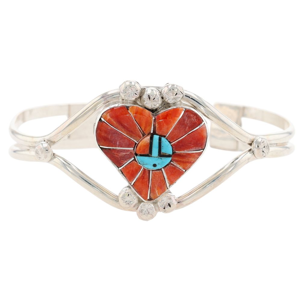Lot 175: Ola Eriacho Zuni Sterling Multi-Stone Sunface Heart Inlay Cuff Bracelet
