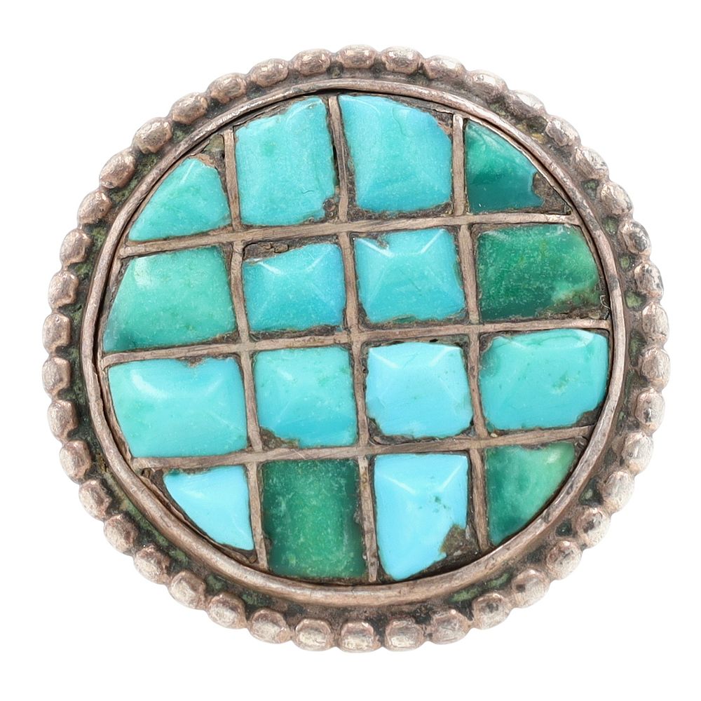 Lot 203: Vintage Navajo Sterling Carved Turquoise Inlay Ring Sz 5.5