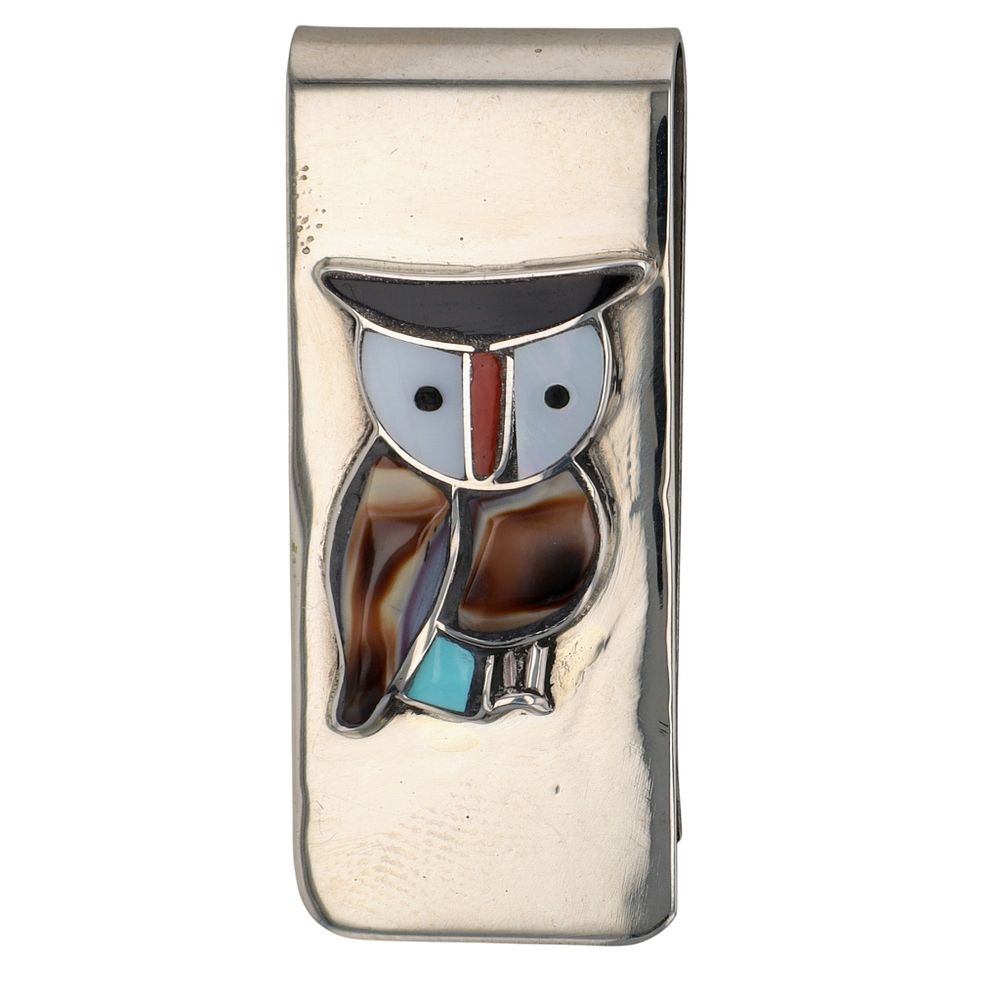 Lot 433: Zuni Sterling Multi-Stone Inlay Owl Money Clip