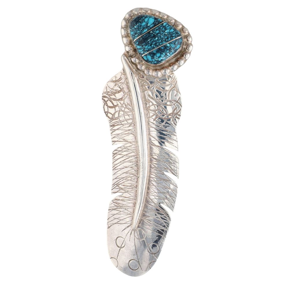 Lot 462: Avery Norton Navajo Sterling Turquoise Stamped Feather Pendant