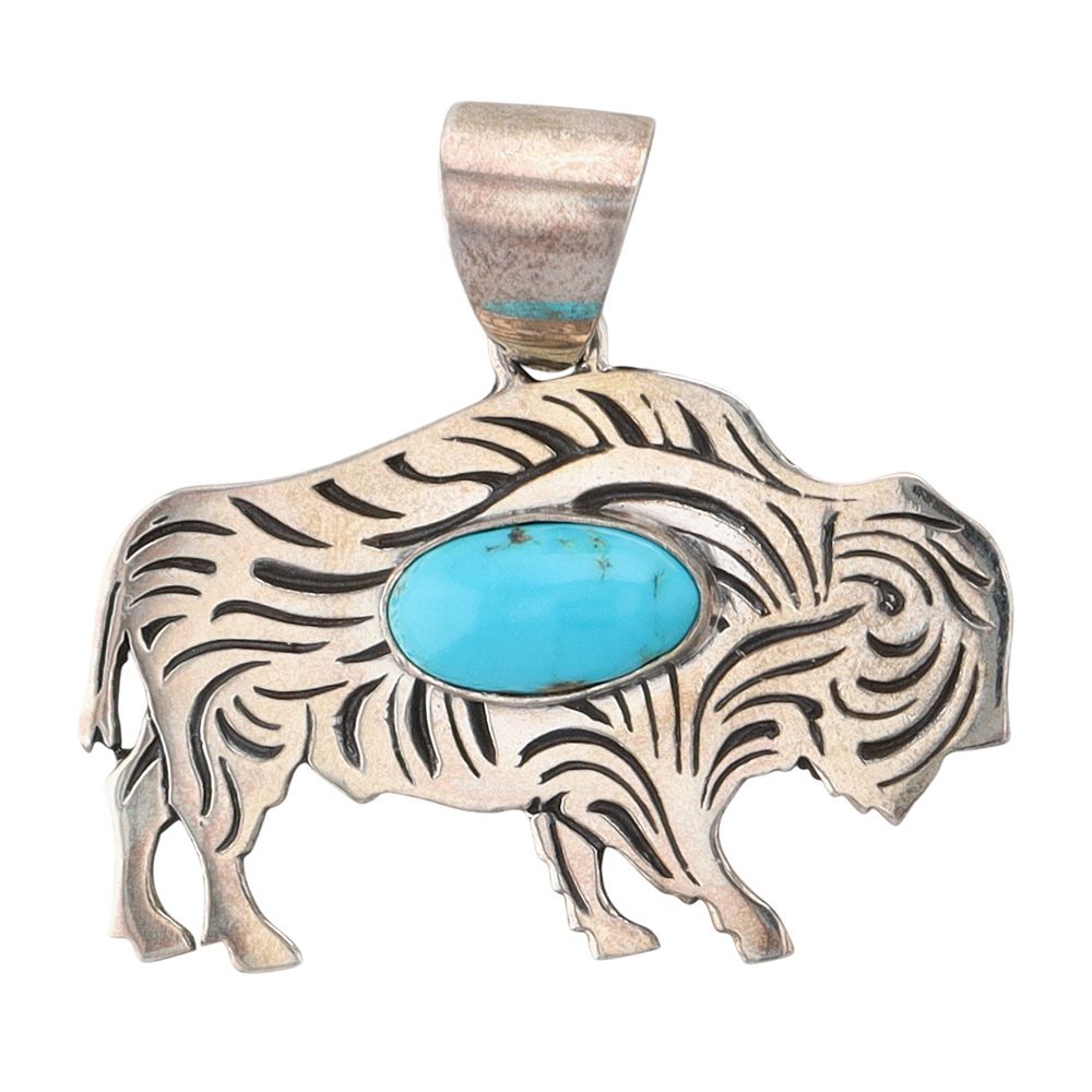 Lot 518: Southwest Sterling Kingman Turquoise Buffalo Pendant
