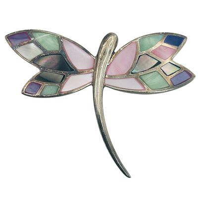 Sterling Multi Gem Inlay Dragonfly Brooch. 10.8g