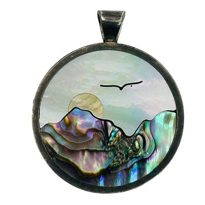 Signed Sterling Scenic Inlay Pendant. Signed Sterling mother of pearl and abalone Scenic Inlay 