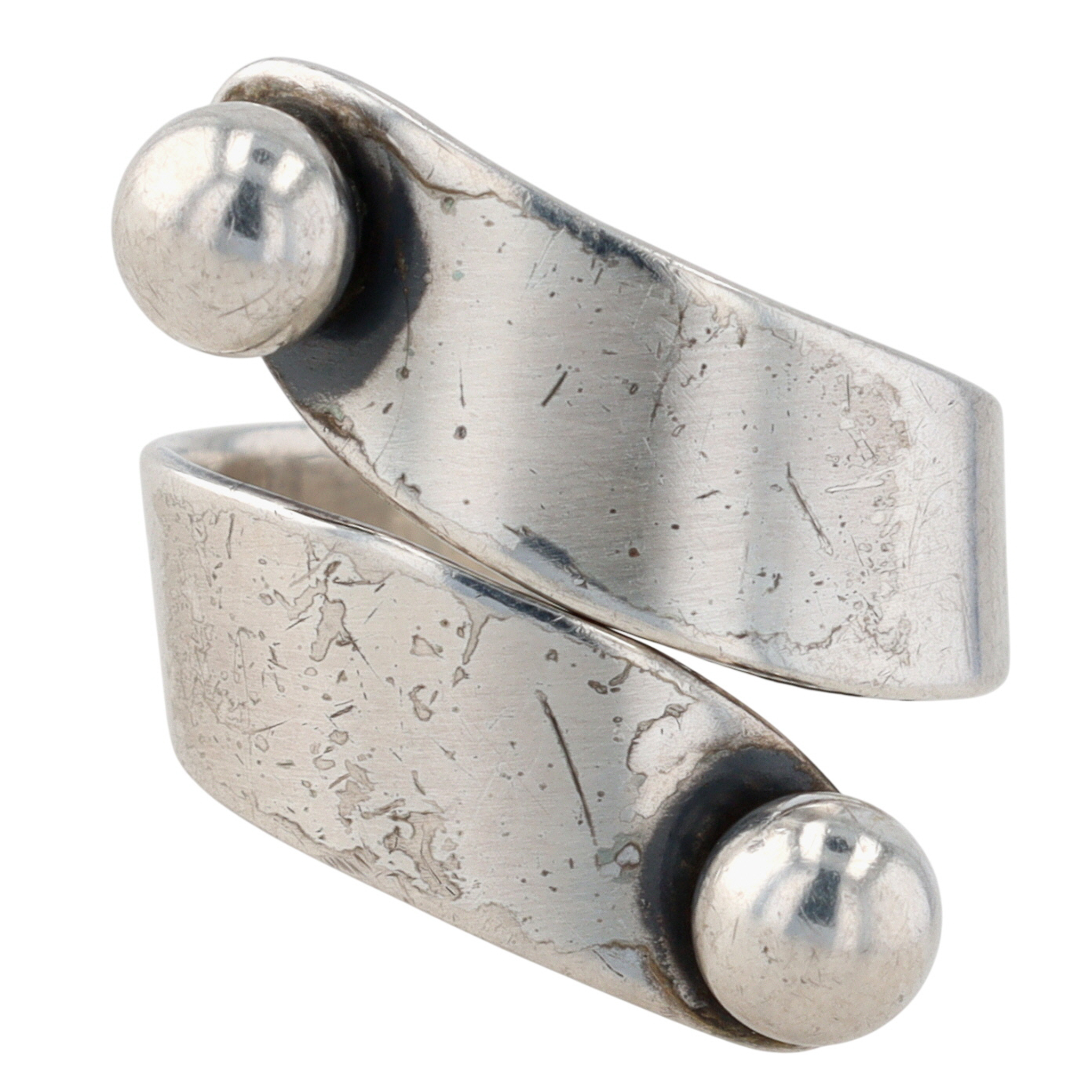 Signed Sterling Silver Adjustable Modern Double Ball Wrap Ring