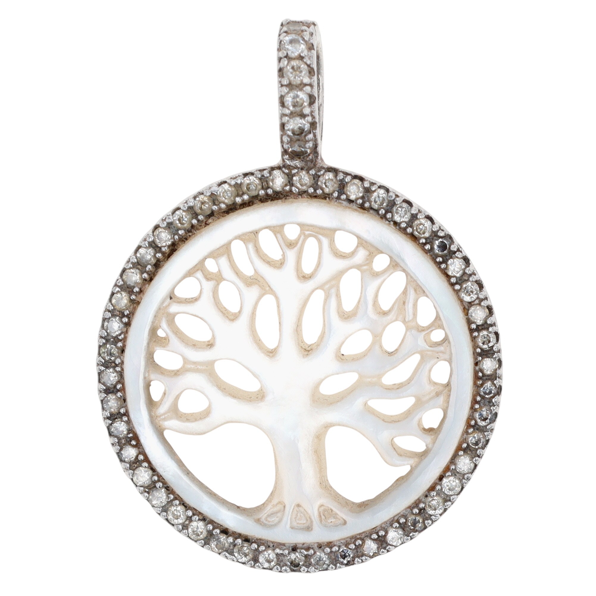 Signed Sterling Silver Mother of Pearl CZ Tree of Life Pendant