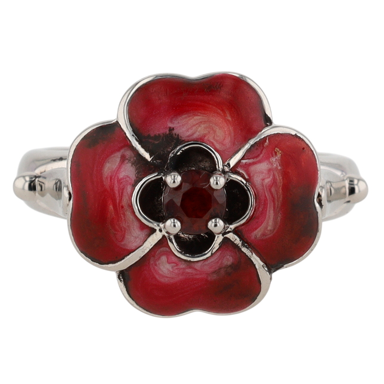 Signed Sterling Silver Garnet Enamel Flower Ring Size 8