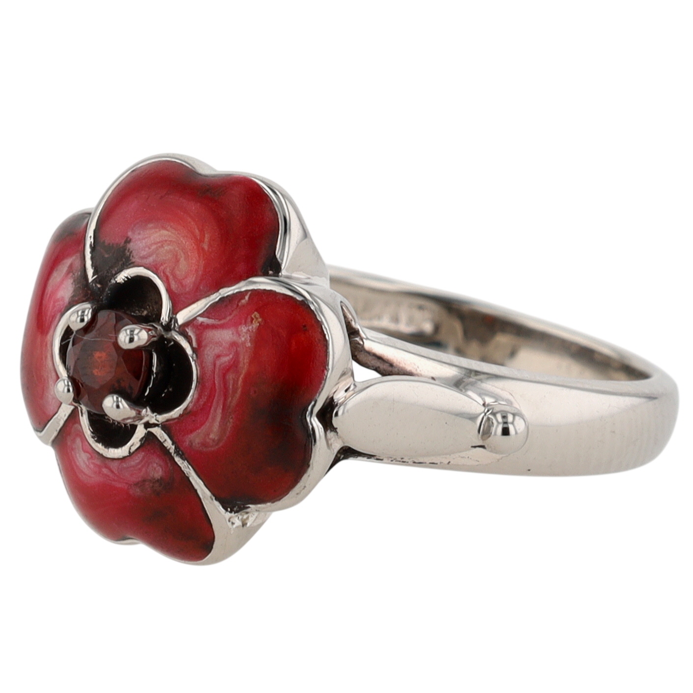 Signed Sterling Silver Garnet Enamel Flower Ring Size 8
