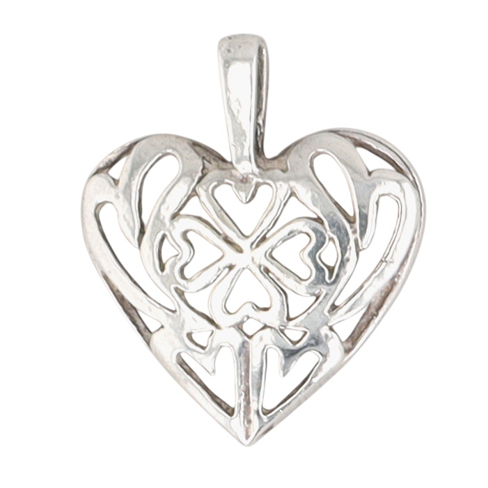 Signed Sterling Silver Open Scroll Shamrock Heart Pendant