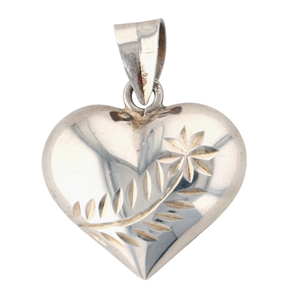 Sterling Silver Floral Engraved Puffy Heart Pendant