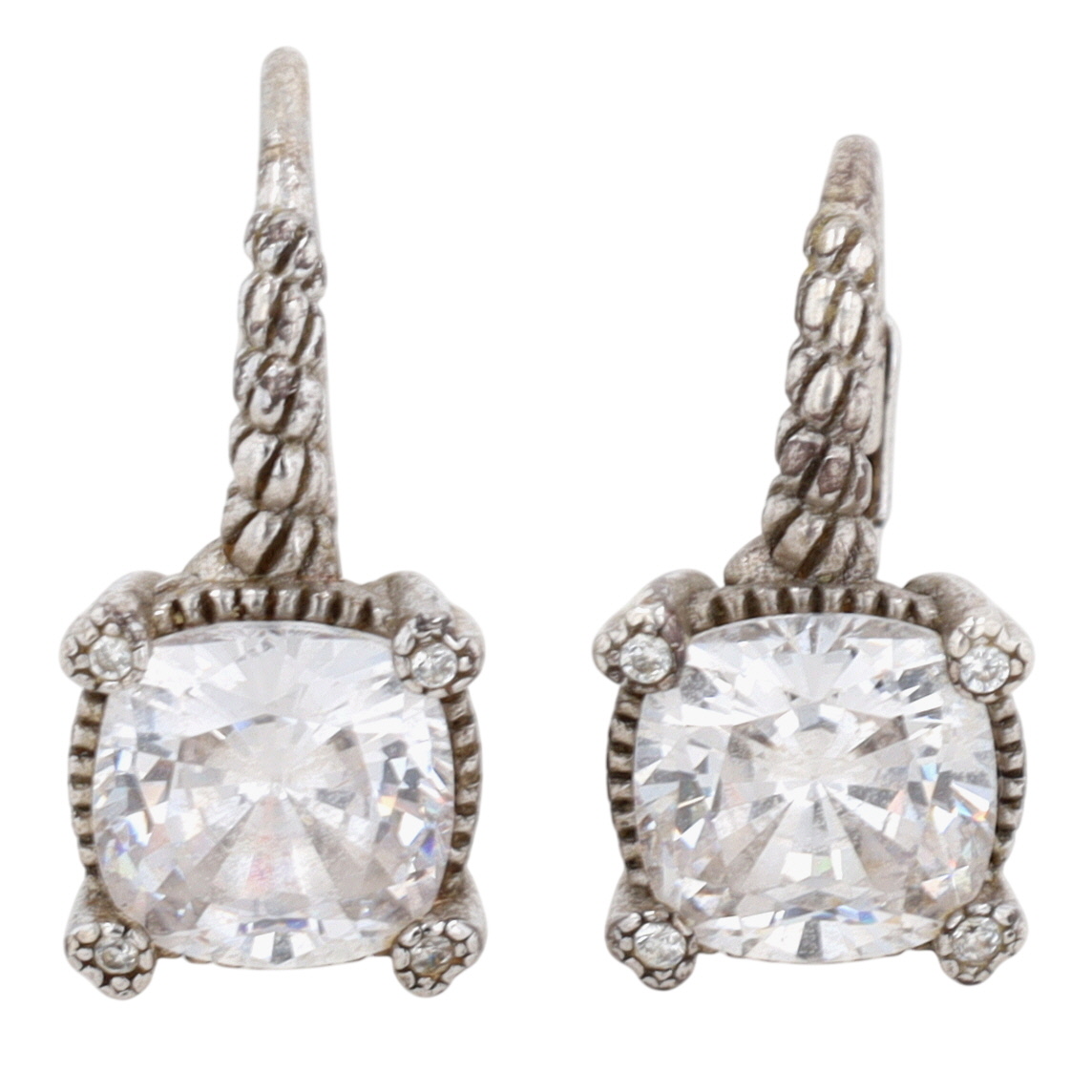 Signed Sterling Silver Rhinestone Cushion Cut Drop Earrings