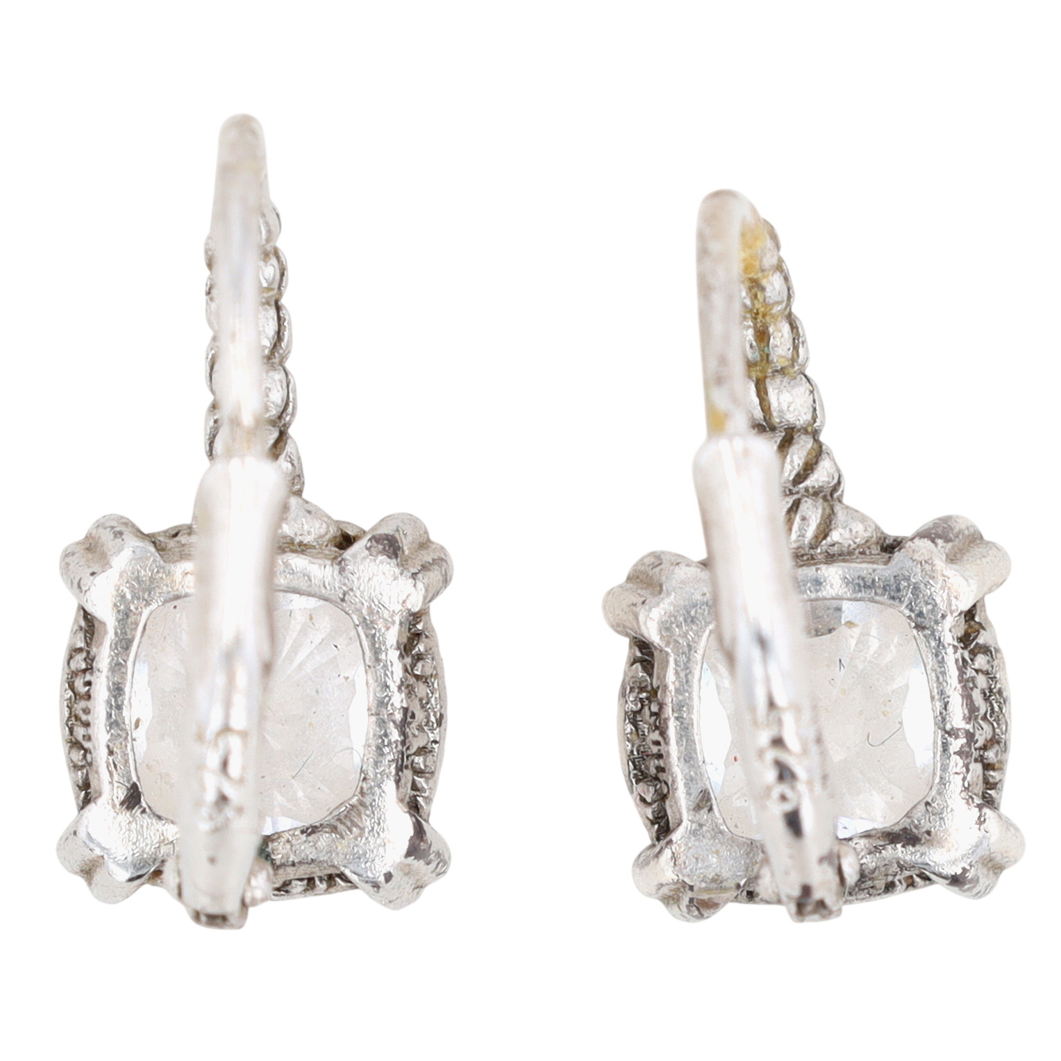 Signed Sterling Silver Rhinestone Cushion Cut Drop Earrings