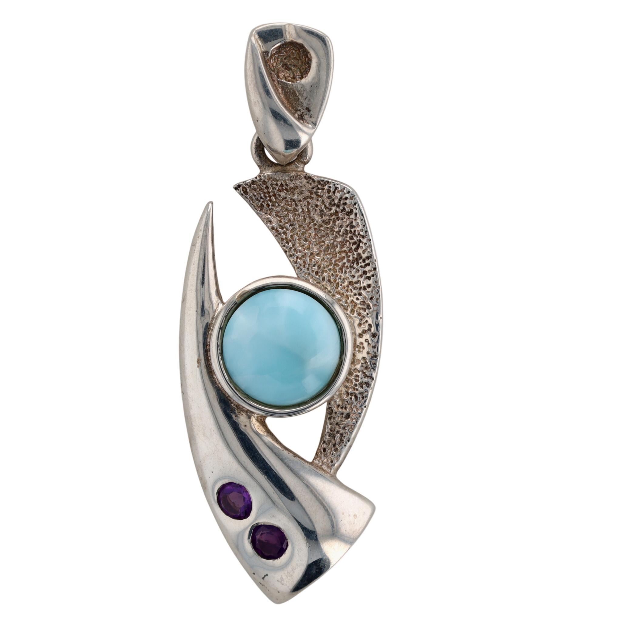 Signed Sterling Silver Larimar Amethyst Modern Pendant