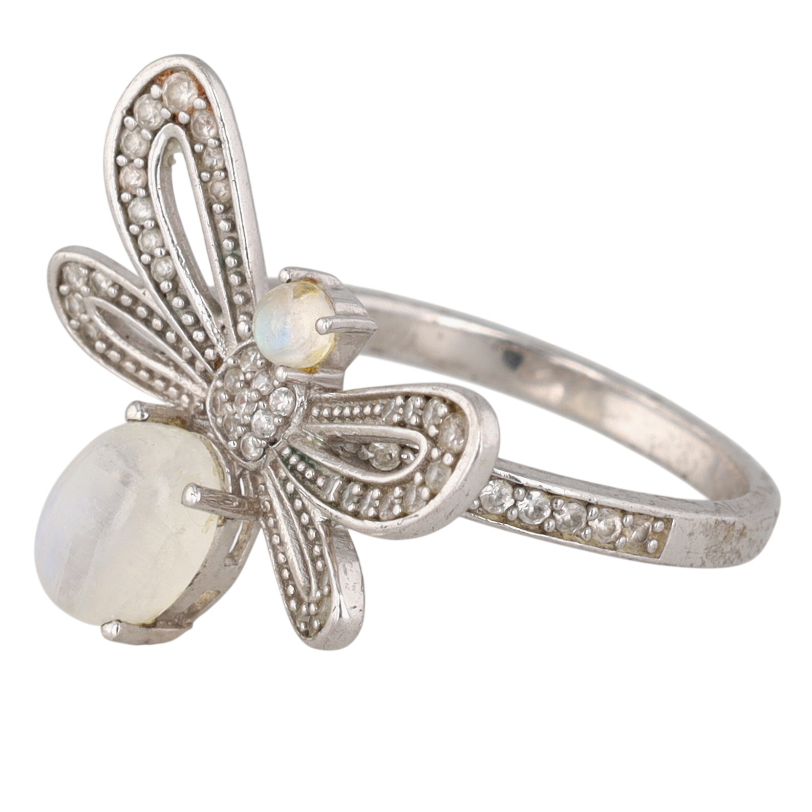 Signed Sterling Silver Topaz Moonstone Dragonfly Ring Size 9.5