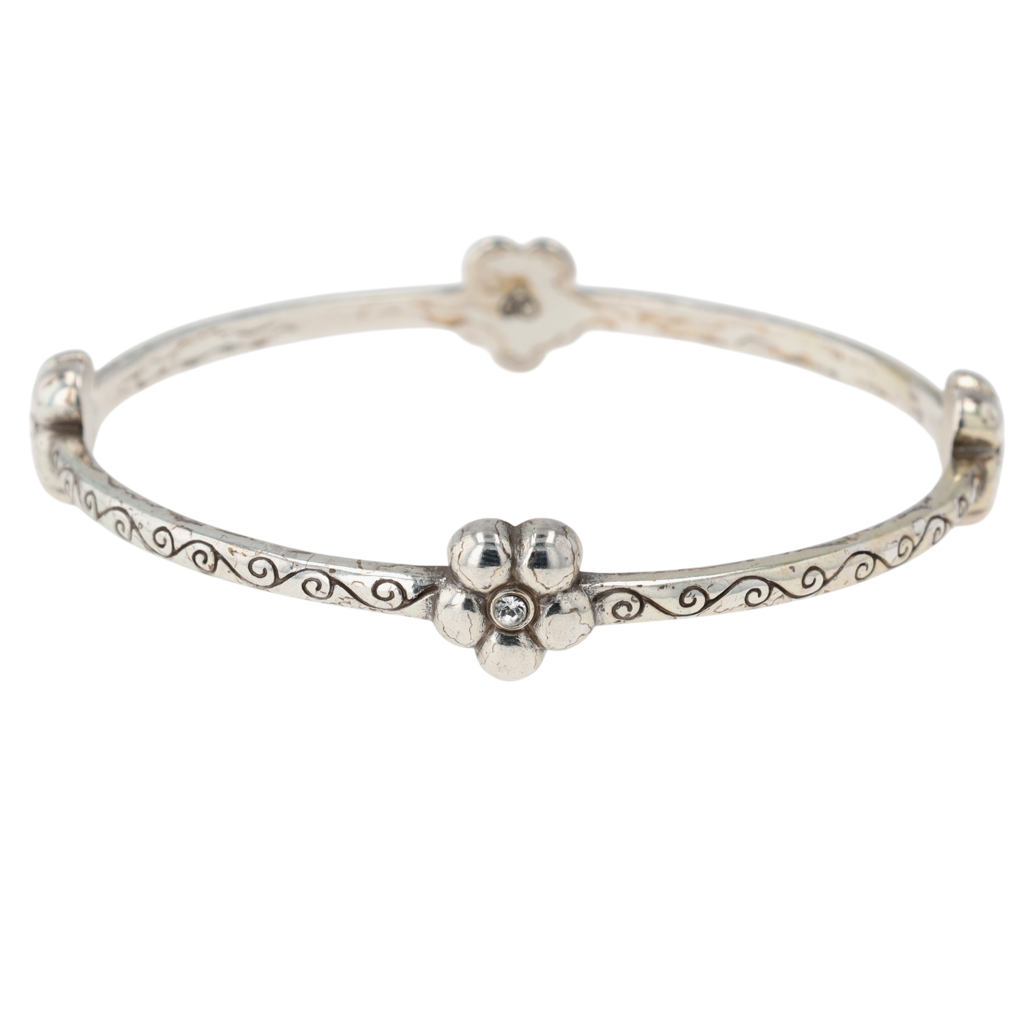 Brighton Silver Plated CZ Engraved Floral Bangle Bracelet