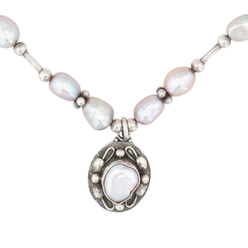 Signed Sterling Silver Pearl Beaded Necklace