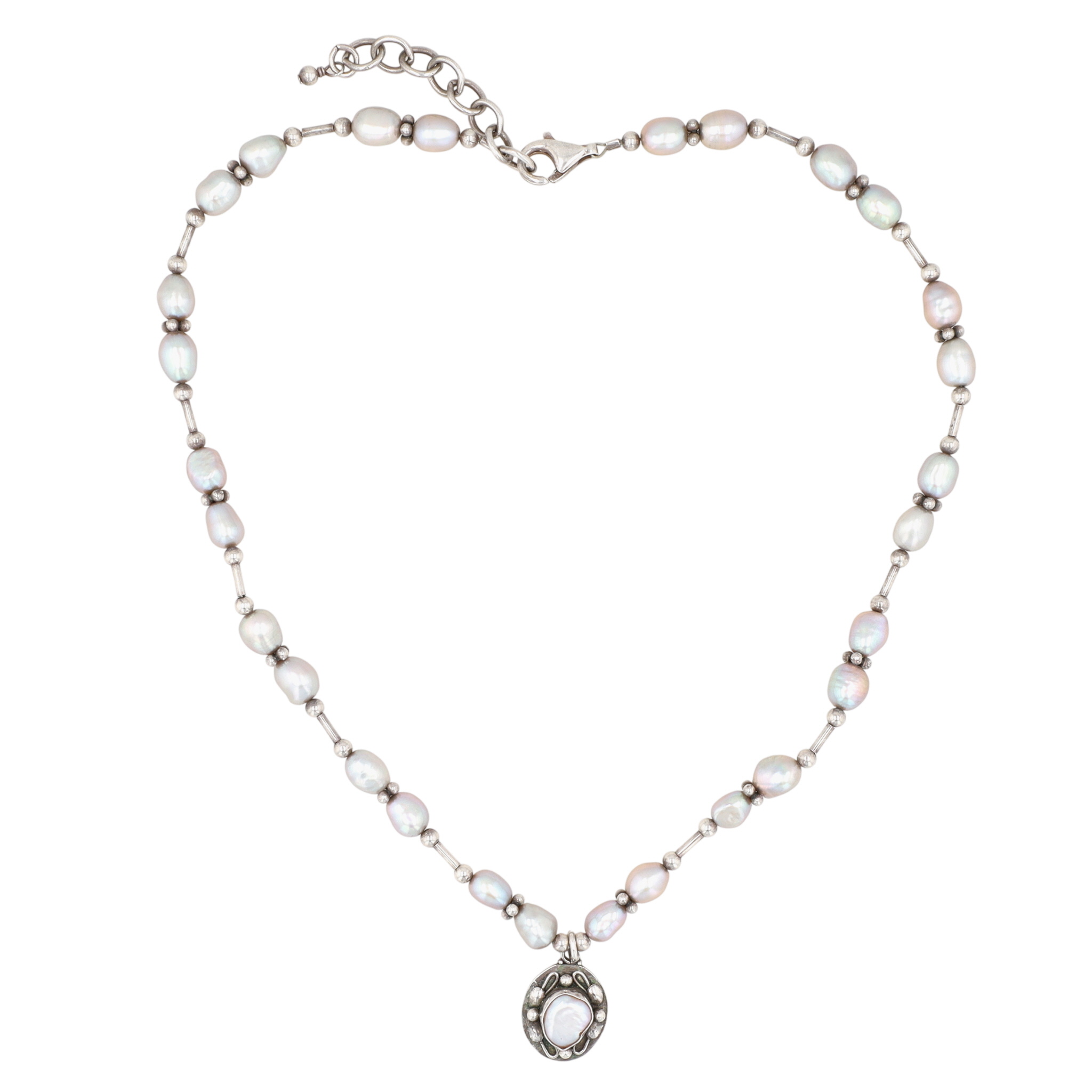 Signed Sterling Silver Pearl Beaded Necklace