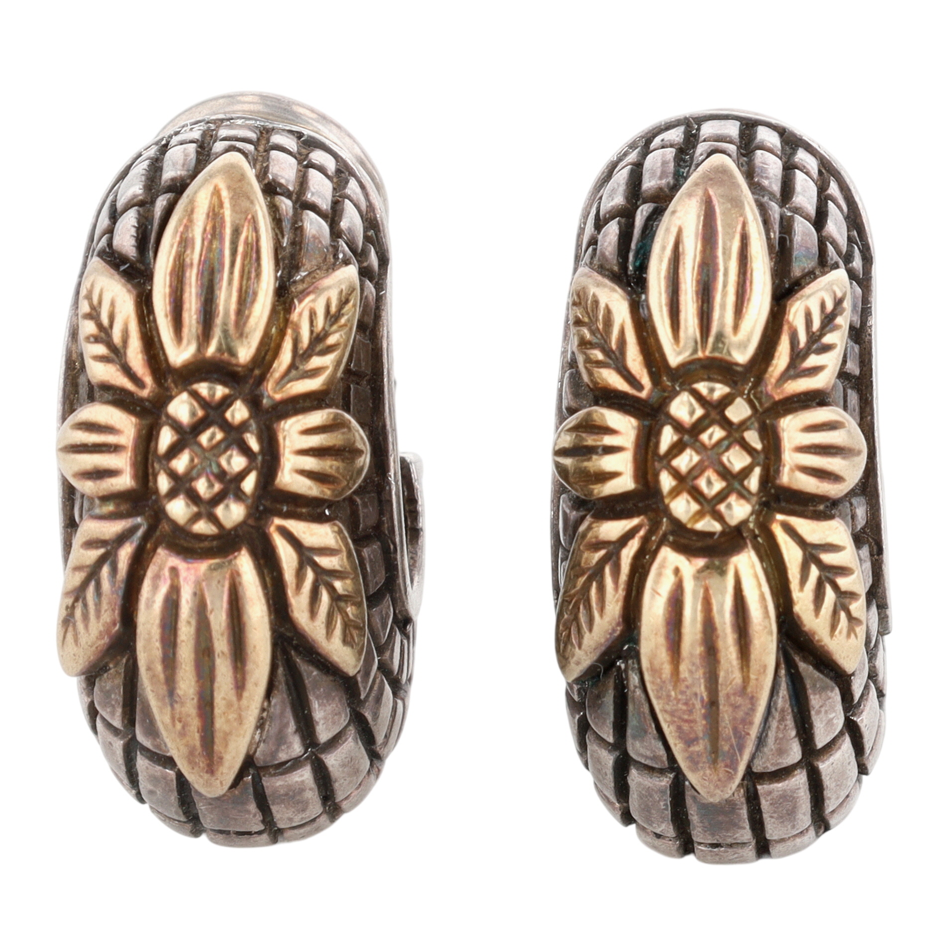 Stephen Dweck 18K Yellow Gold Sterling Silver Floral Grid Hoop Stud Earrings