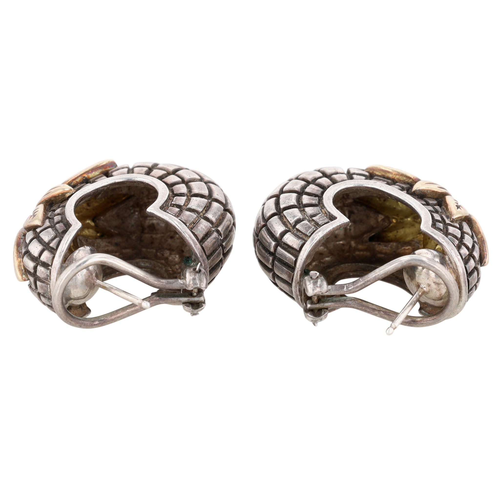 Stephen Dweck 18K Yellow Gold Sterling Silver Floral Grid Hoop Stud Earrings