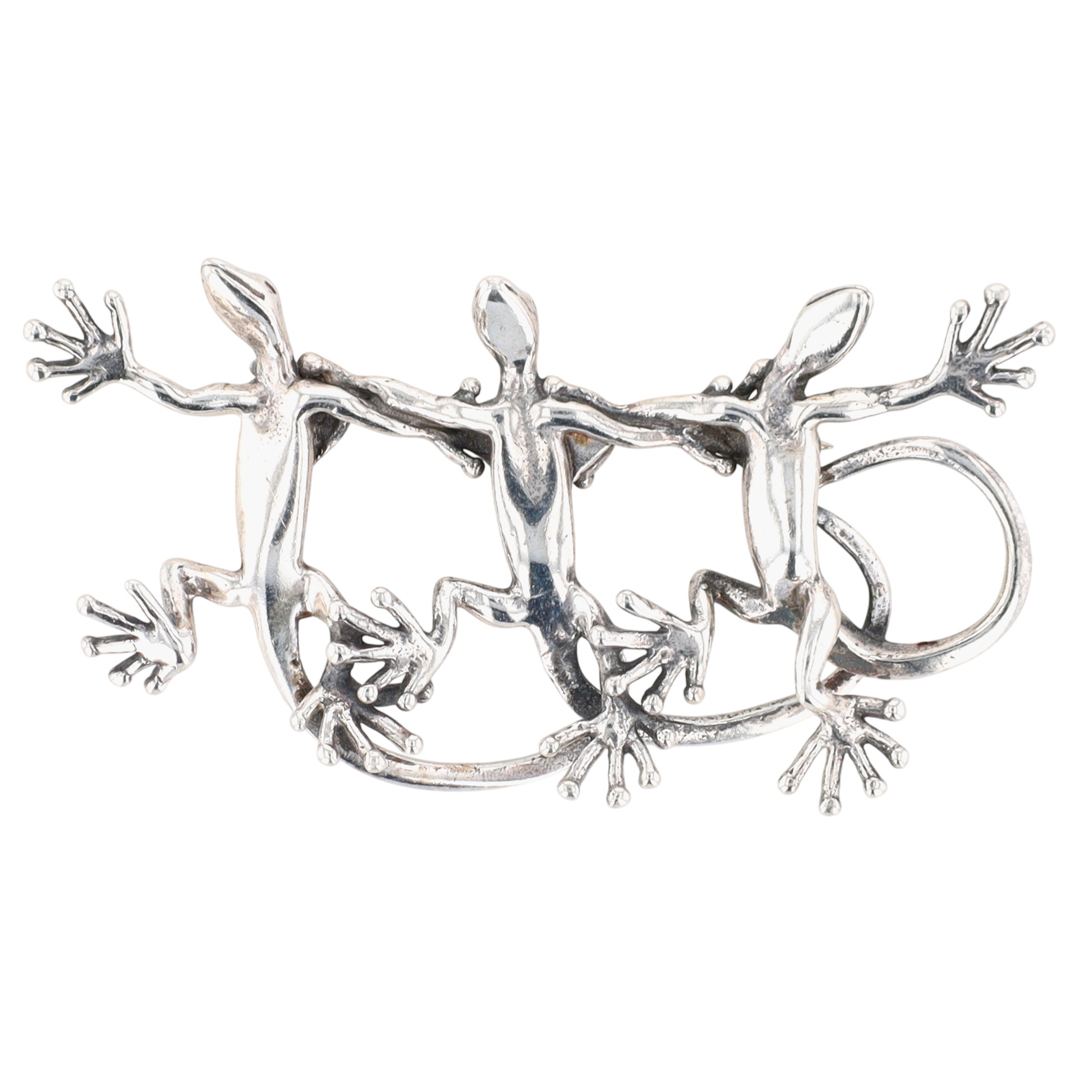 Signed Sterling Silver Dancing Geckos Brooch