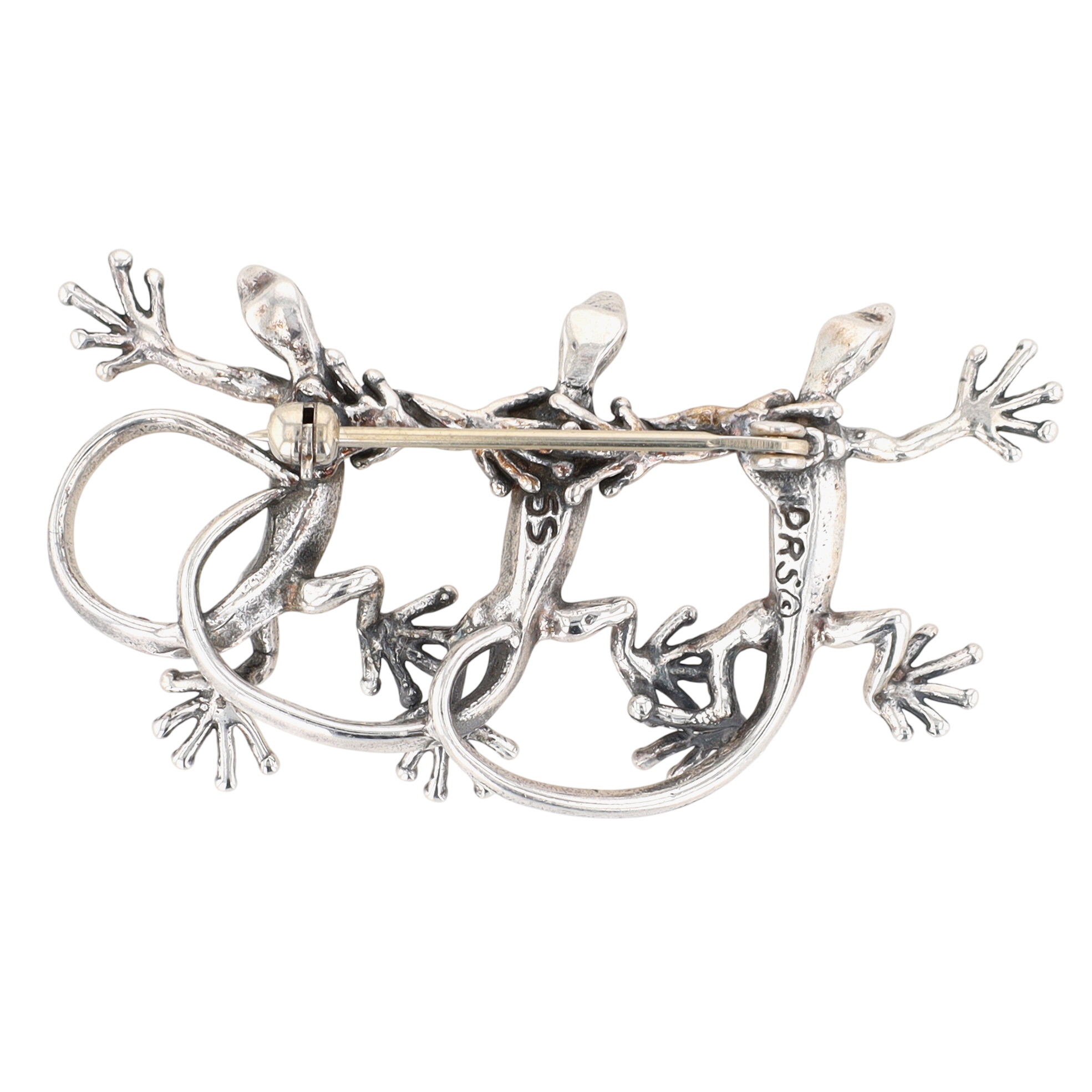 Signed Sterling Silver Dancing Geckos Brooch