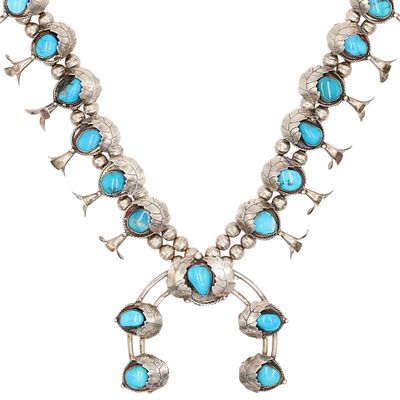 Vintage Navajo Sterling Turquoise Squash Blossom Necklace / 174g / Approximately 30"