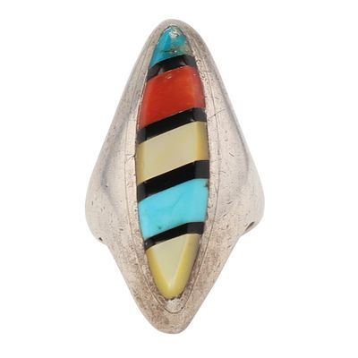 Vintage Zuni Sterling Multistone Inlay Ring Sz 6 / 18.2g / Turquoise, Coral, Jet, Mother of 