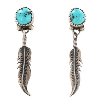 Navajo Sterling Turquoise Feather Dangle Earrings / 4g