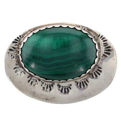 Signed Navajo Sterling Malachite Stamped Brooch. Signed GG Navajo Sterling Malachite Hand 