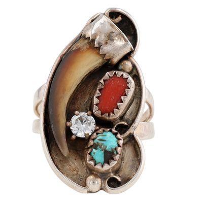 Navajo Sterling Turquoise Coral Claw Ring Sz 7.5. Navajo Sterling Turquoise, Coral, & CZ Claw 