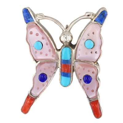 Pascal Natewa Zuni Sterling Multistone Inlay Butterfly Pendant Brooch / 6.1g / Turquoise, Coral 