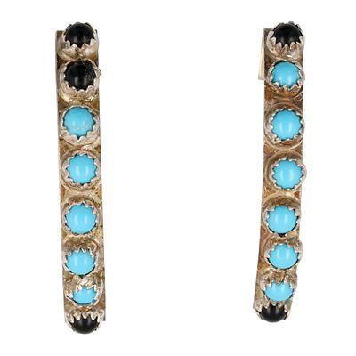 Rick Enriquez Navajo Sterling Turquoise Onyx Curved Bar Earrings. Navajo Sterling Turquoise Onyx 