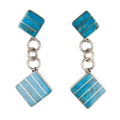Viann Haloo Zuni Sterling Kingman Turquoise Inlay Earrings. Viann Haloo Zuni Sterling Kingman 