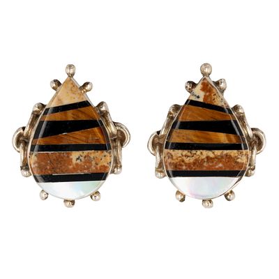 Leander Dawes Navajo Sterling Multistone Inlay Earrings / 11.1g / Onyx, Mother of Pearl, Tiger 